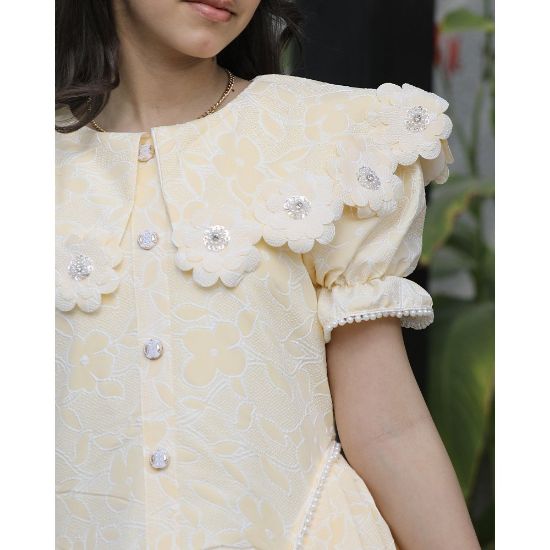 صورة فستان بناتي أصفر مشجر | ياقة وأزرار مرصعة بالفصوص - 1136